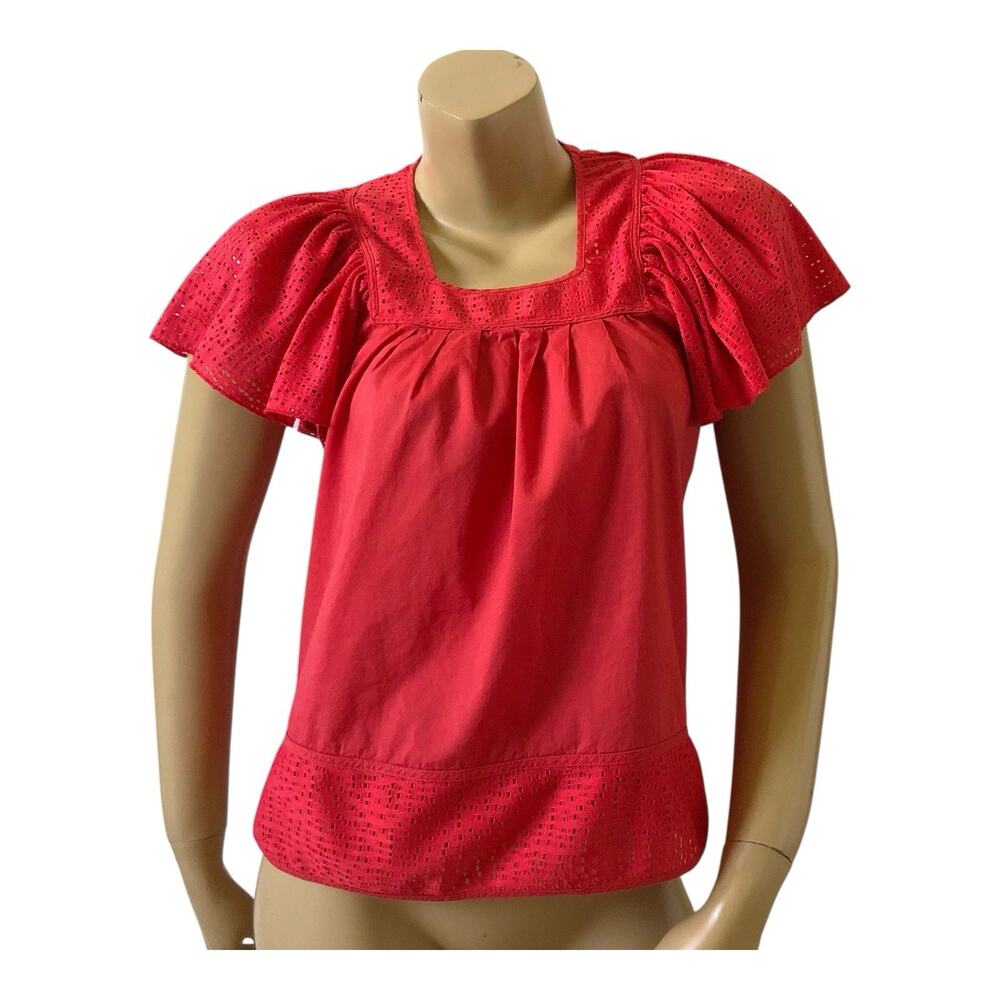 Pepin Coral Red Eyelet Blouse Womens Small Flutter Sleeve Square Neck Boho Top